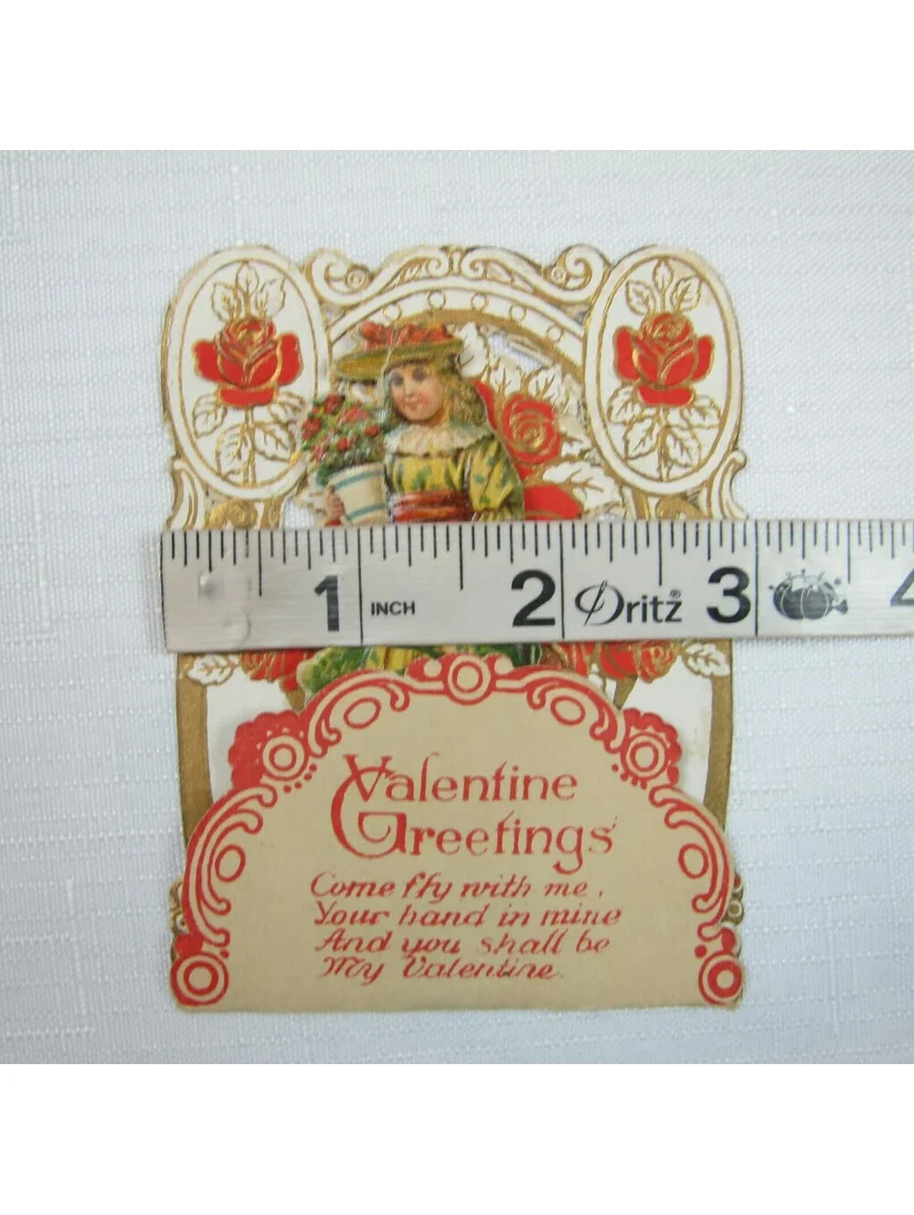 Vintage Valentine Pop Up 3D Pull Down Die Cut Girl Red Rose Watering Can Germany